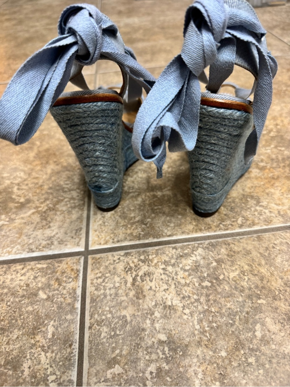 SCHUTZ Light Blue Denim Peep-Toe Wedge Sandals with Ankle Wraps - Picture 6 of 11